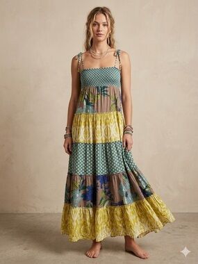 Bohemian Smocked Floral Maxi Dress Free Size